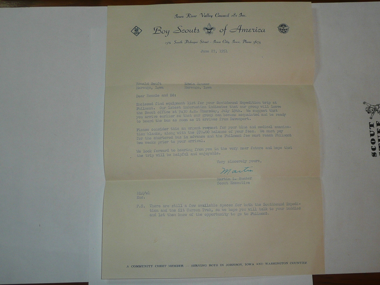 Red River Valley Council Stationary and Envelope, 1951 letter from the Scout Executive