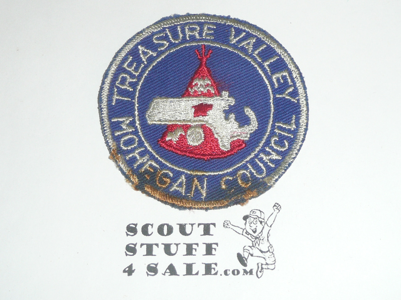 Treasure Valley Camp Patch, Mohegan Council, c/e blue twill round, soiled