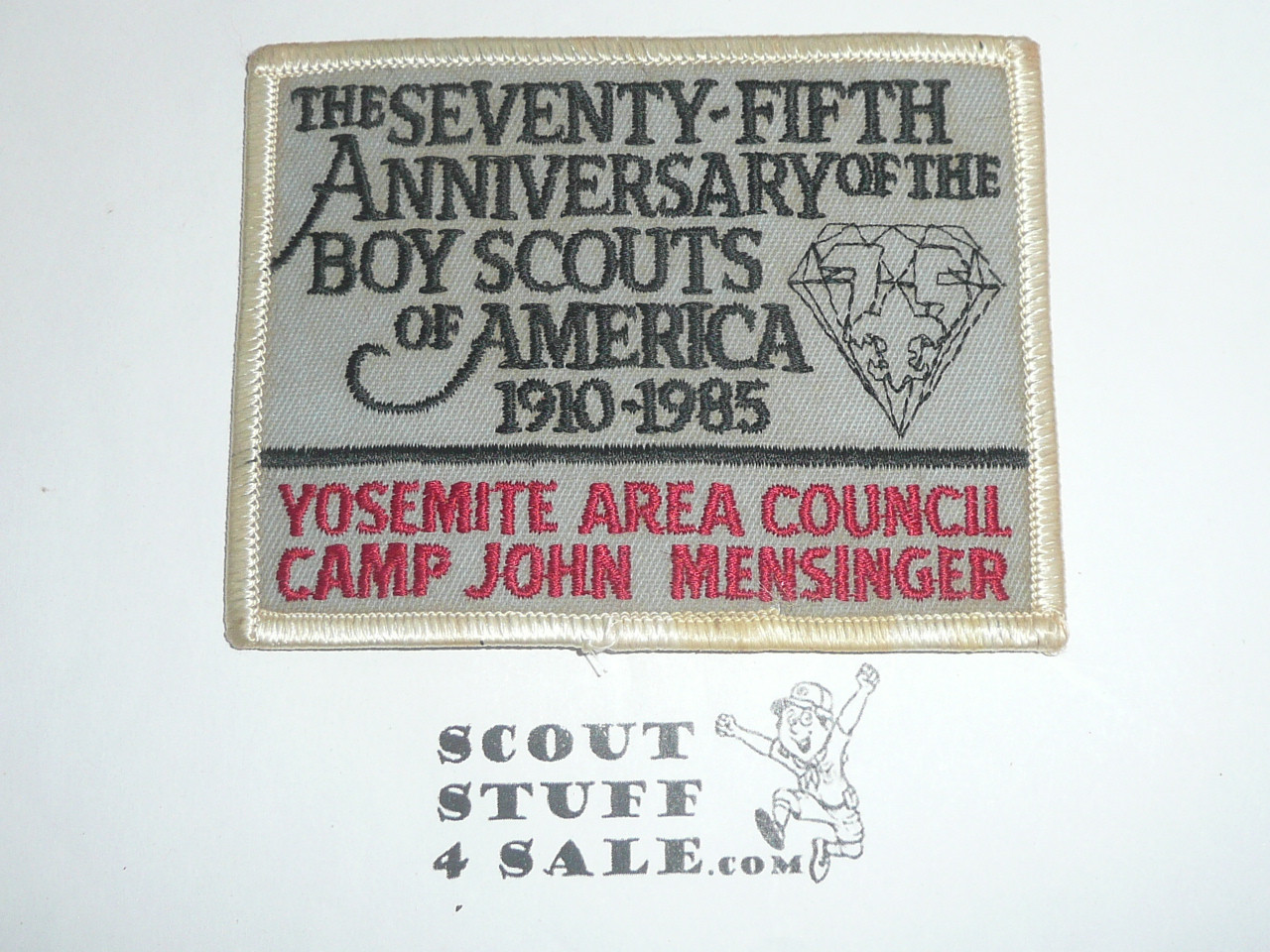 Camp John Mensinger Patch, Yosemite Area Council, 1985 75th Anniversary, box soiled