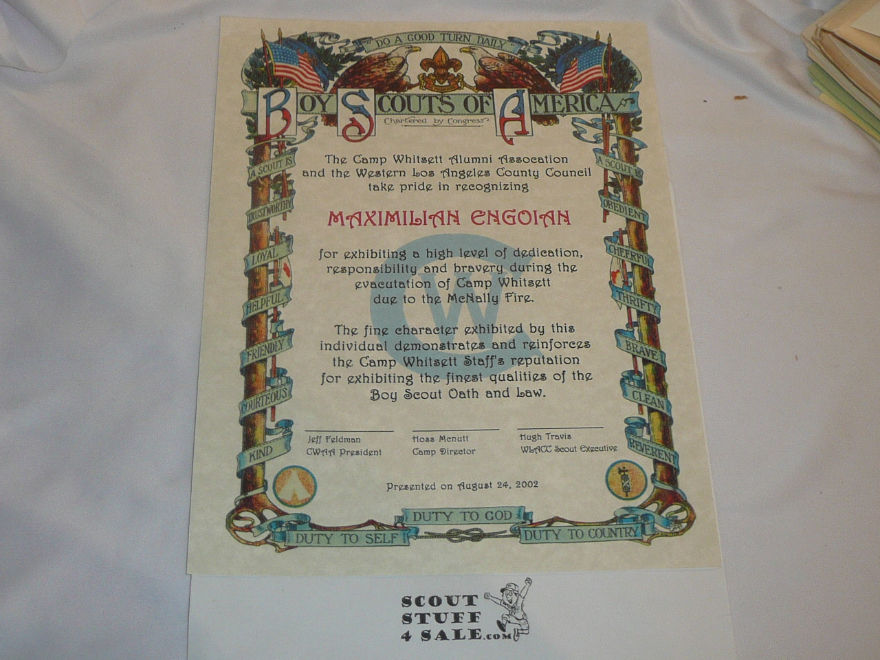 Colorful Certificate presented to Camp Whitsett Staff Members serving during the McNally Fire, 2002