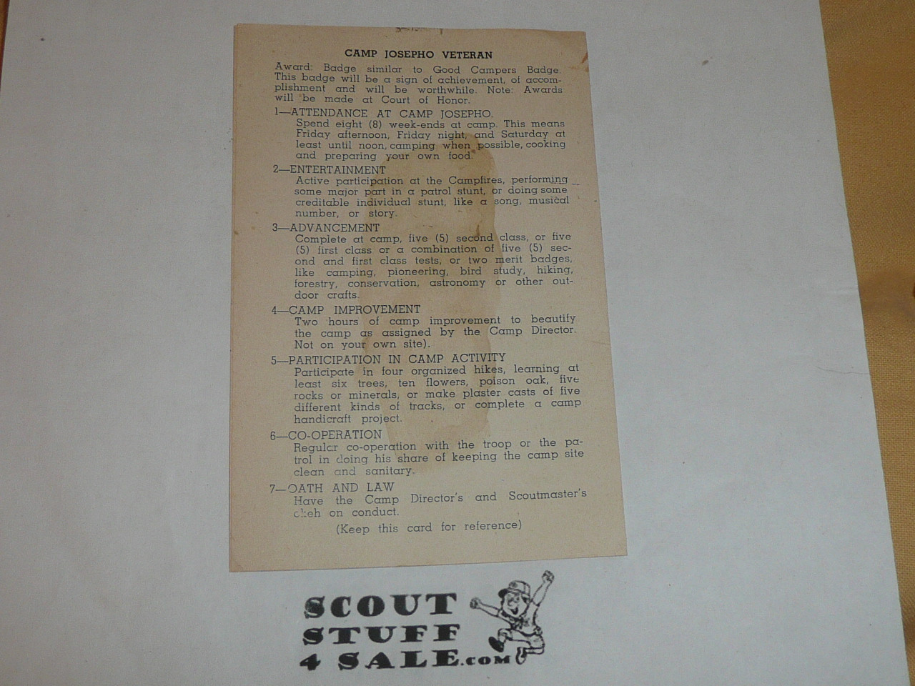 1950's Camp Josepho Regulations and Veteran Requirements Pamphlet, Crescent Bay Area Council