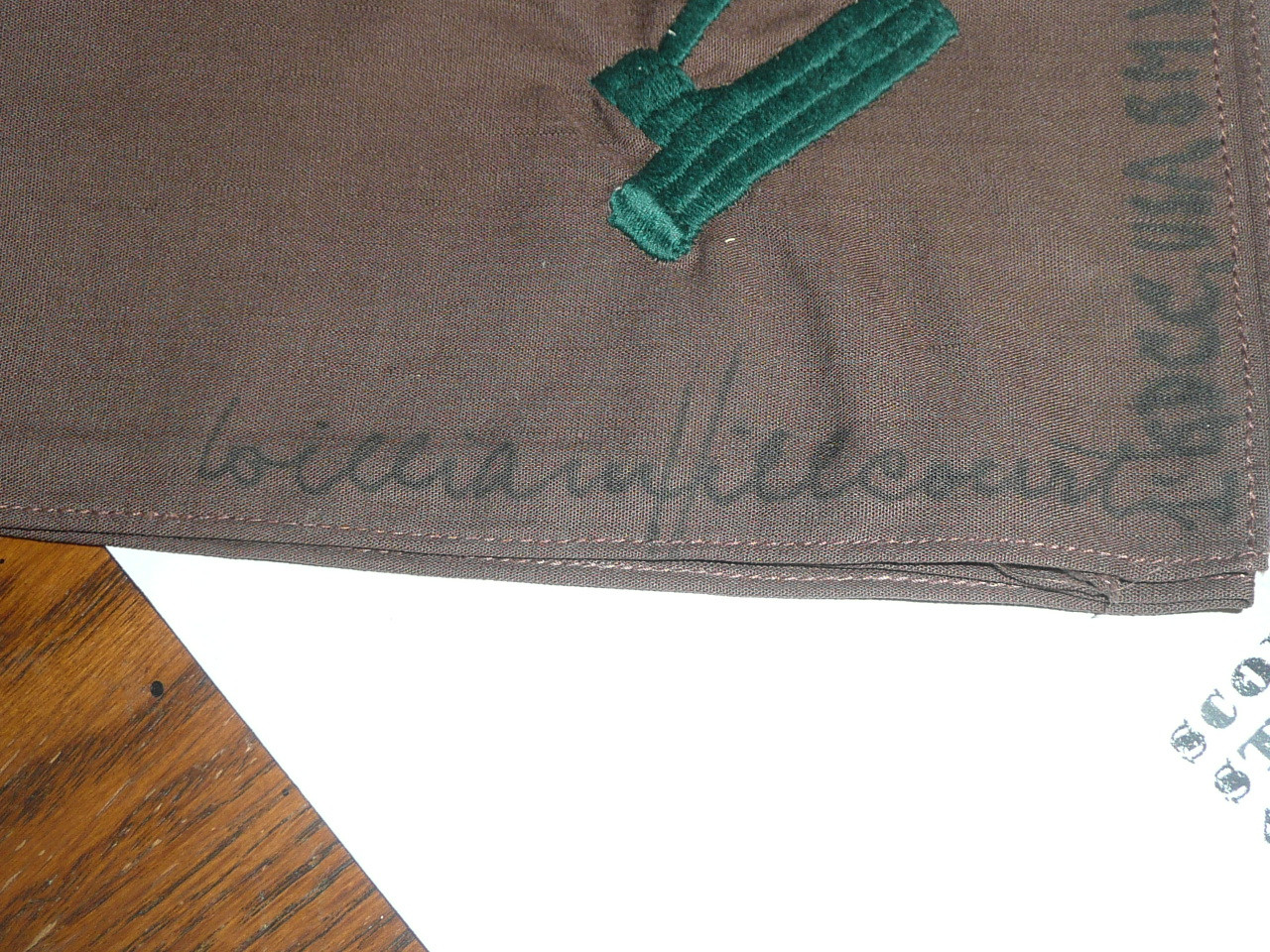 Wood Badge Neckerchief (Axe and Log) Brown cloth with Green Signed by Paul "Torchy Dunn, Founder of Torchy Neckerchief Slides, SM of USA  Wood Badge #1 & 2 (1948)