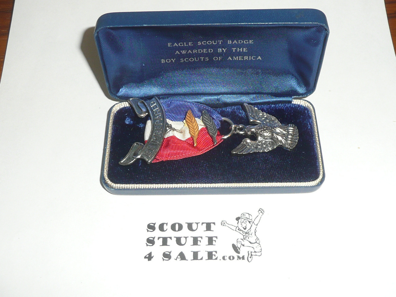 Eagle Scout Medal, Robbins 4 with Gold and Silver Palms (glued to ribbon), 1955-1969, Flat Back, In Original ornate Box, STERLING,