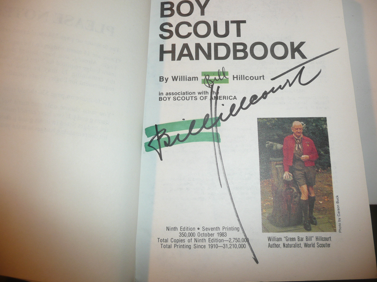 1983 Boy Scout Handbook, Ninth Edition, Seventh Printing, Signed by William Hillcourt aka Green Bar Bill, MINT condition, Last Norman Rockwell Cover