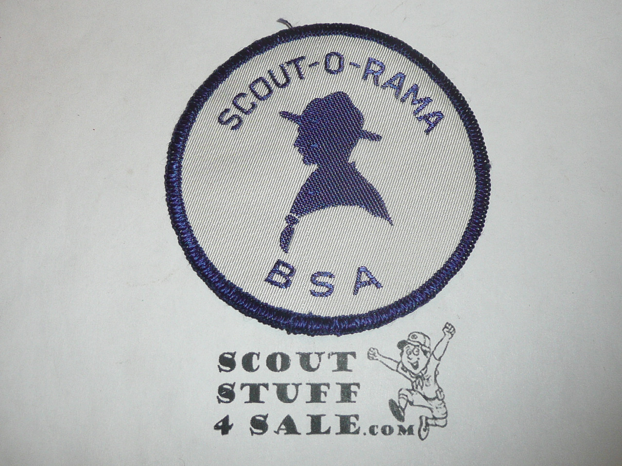 Scout-O-Rama Woven Patch, Generic BSA issue, white backgroundl, black r/e, scout side view