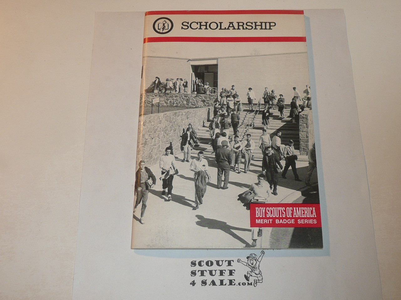 Scholarship Merit Badge Pamphlet, Type 9, Red Band Cover, 3-86 Printing
