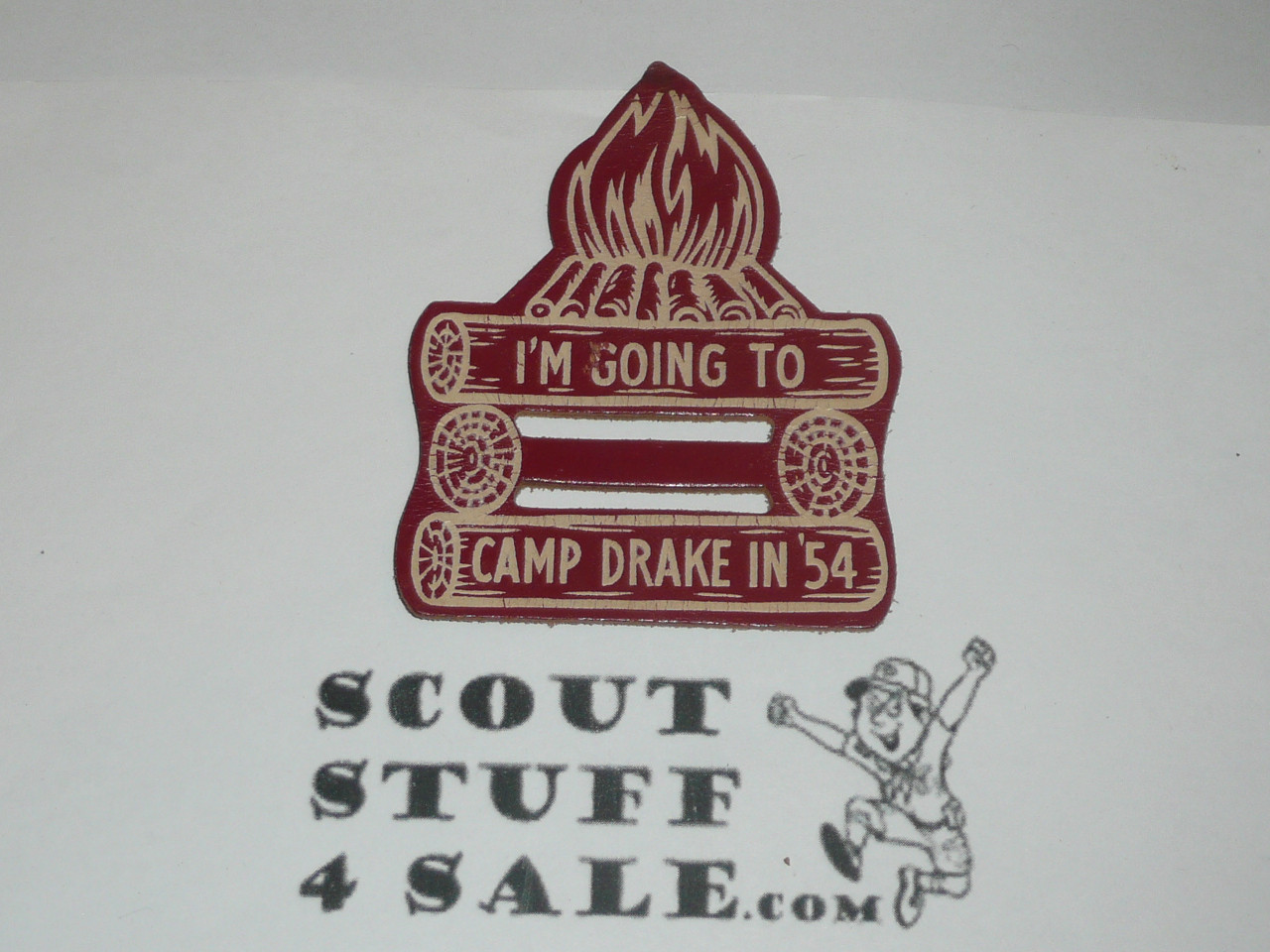 Camp Drake Leather Neckerchief Slide, Arrowhead Council, 1954