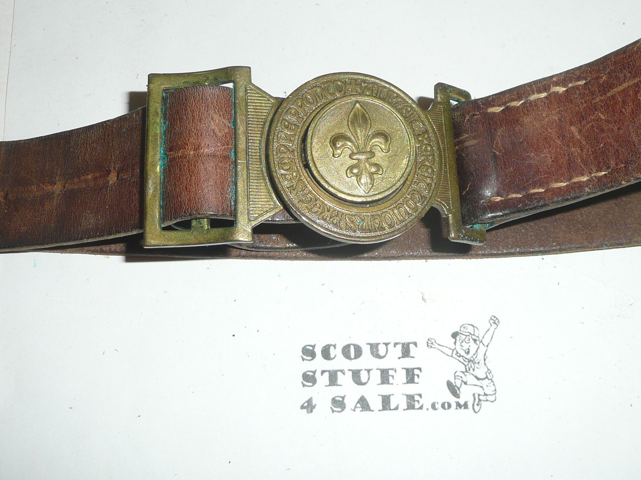 Boy Scouts of Unknown Country Cast Belt Buckle on Leather Belt, shows some wear