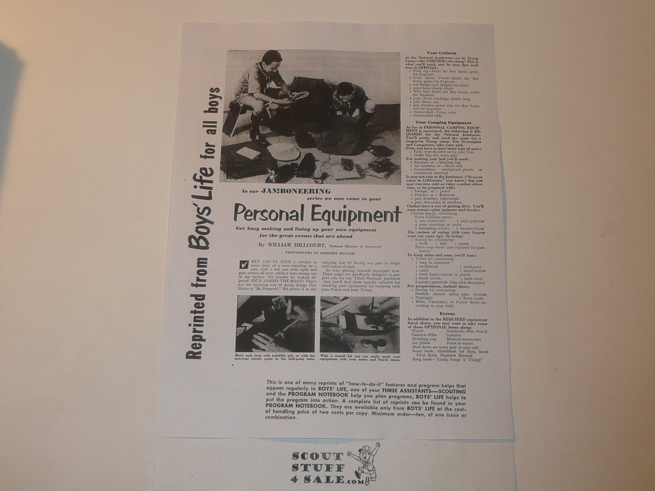 Personal Equipment, By Green Bar Bill, Boys' Life Single Topic Reprint from the 1950's - 1960's , written for Scouts, great teaching materials