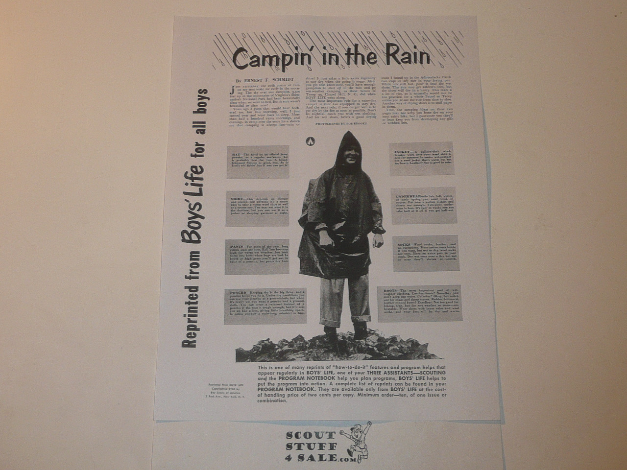 Campin' In the Rain, By Green Bar Bill, Boys' Life Single Topic Reprint from the 1950's - 1960's , written for Scouts, great teaching materials
