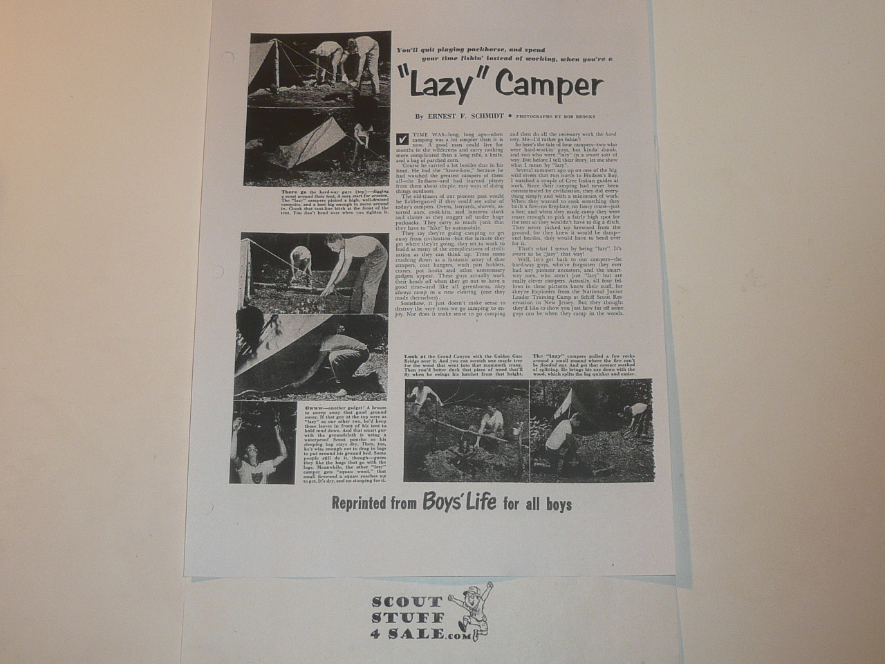 Lazy Camper, By Ernest Schmidt, Boys' Life Single Topic Reprint from the 1950's - 1960's , written for Scouts, great teaching materials