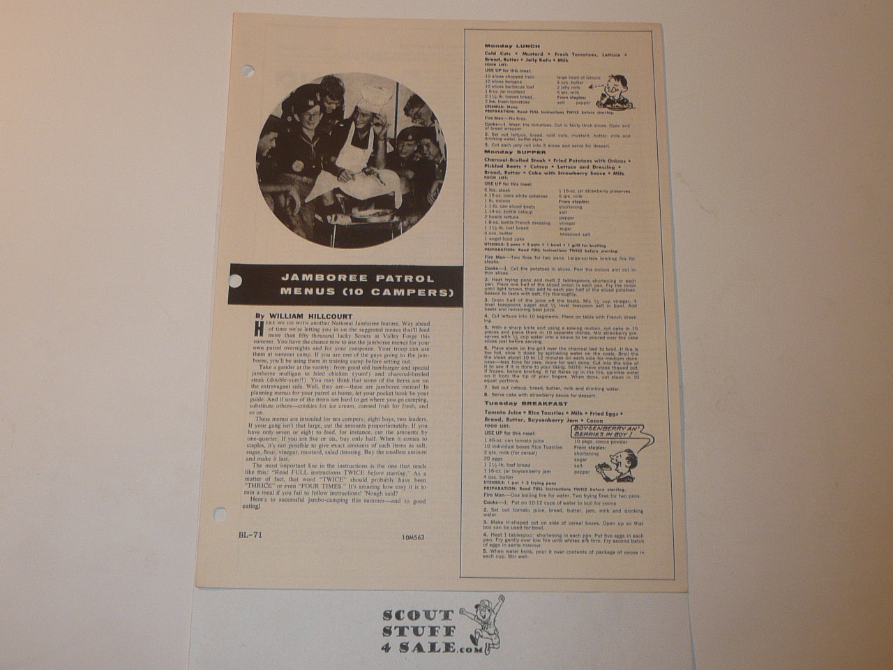 Jamboree Patrol Menus, By Green Bar Bill, Boys' Life Single Topic Reprint from the 1950's - 1960's , written for Scouts, great teaching materials