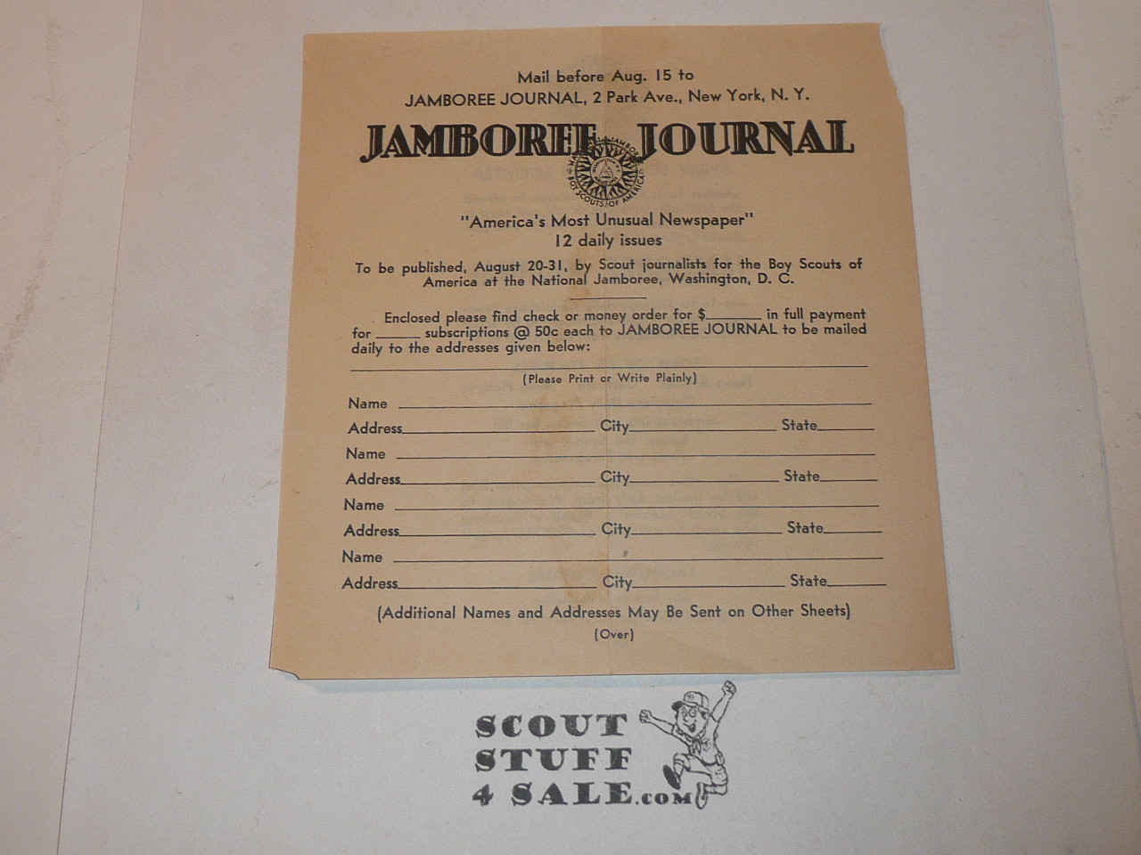 1937 National Jamboree Jamboree Journal Subscription Form