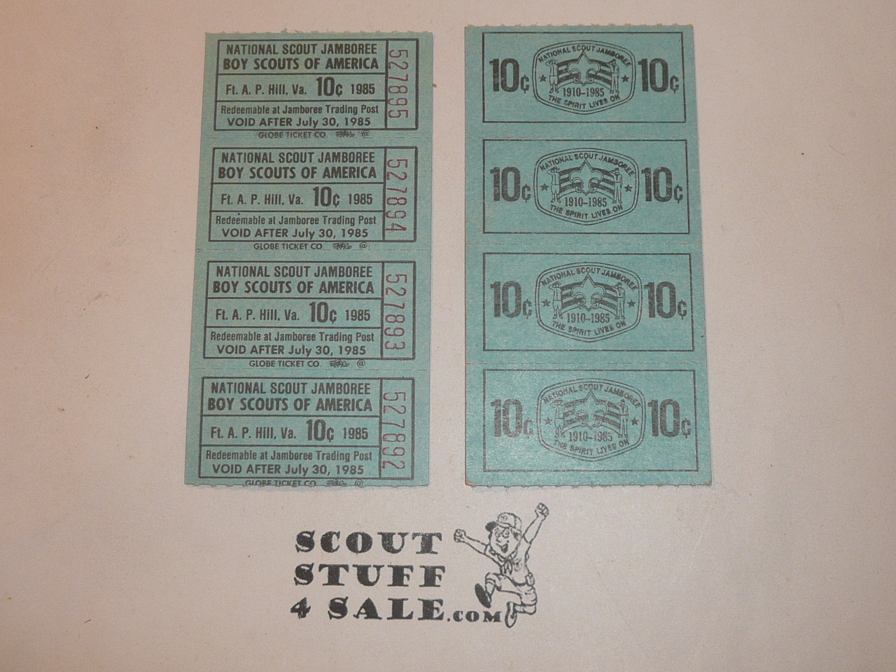 1985 National Jamboree 4 10 cent untorn Trading Post Tickets