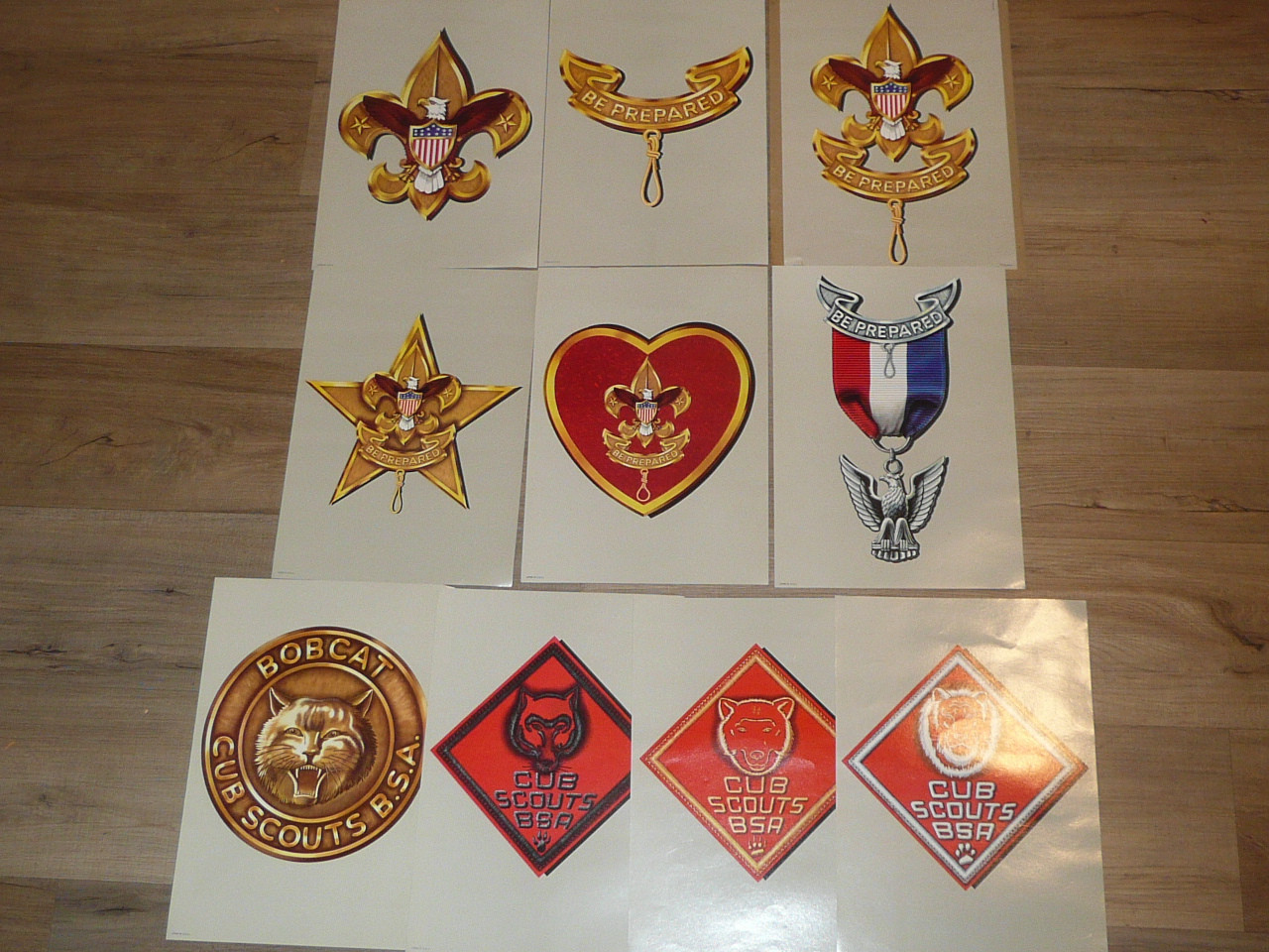 1960's 9x12 Displays of Boy Scout and Cub Scout Ranks, Complete, MINT (one stapled to cardboard)