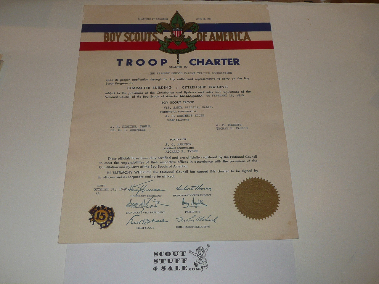 1948 Boy Scout Troop Charter, October, 15 year Veteran Troop