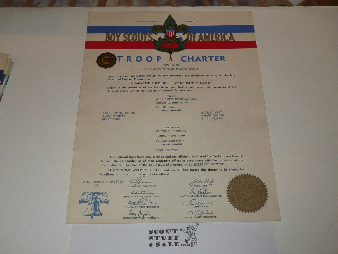 1952 Boy Scout Troop Charter, February, 20 year Veteran Troop