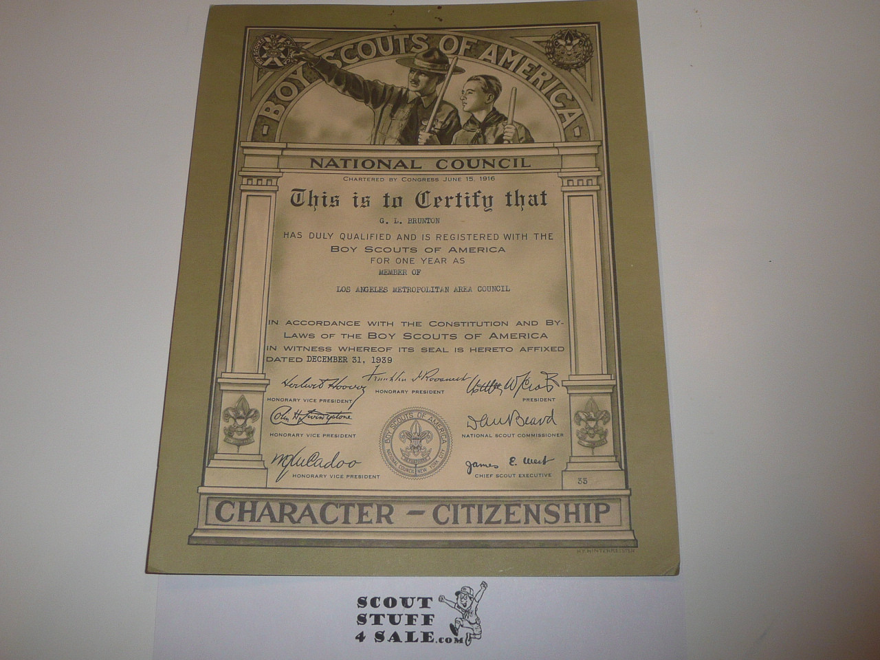 1939 Adult Leader Warrant Certificate, 8" x 10"