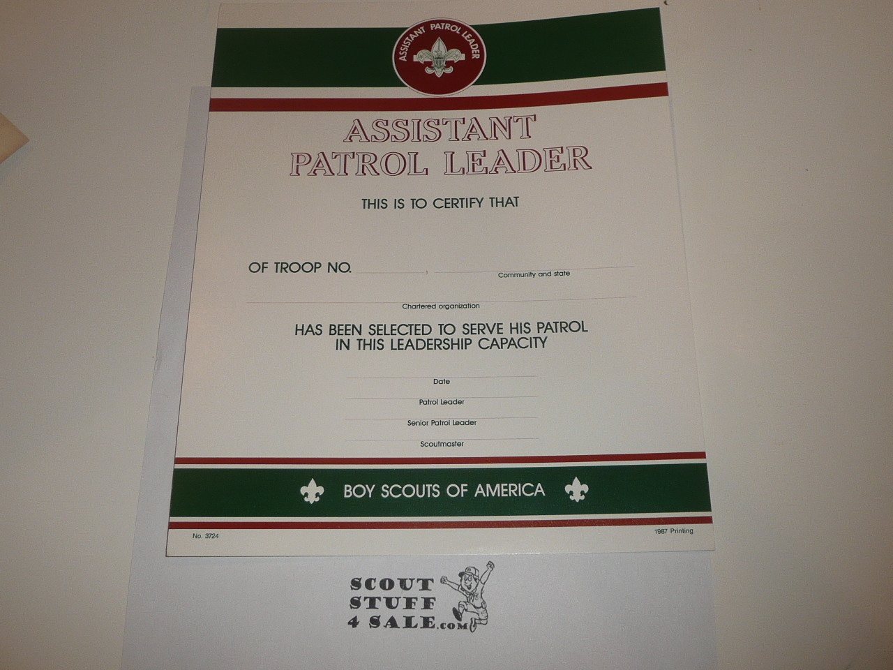 1987 Assistant Patrol Leader Warrant Certificate, blank