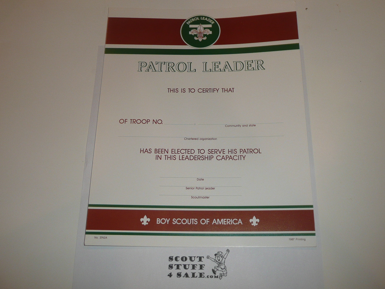 1987 Patrol Leader Warrant Certificate, blank