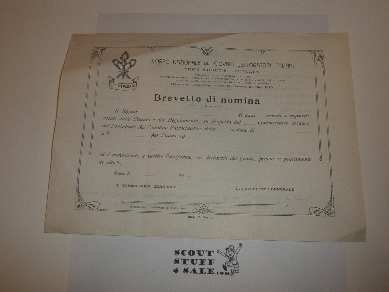 1910's Italian Boy Scout Commissioner's Warrant Certificate, blank