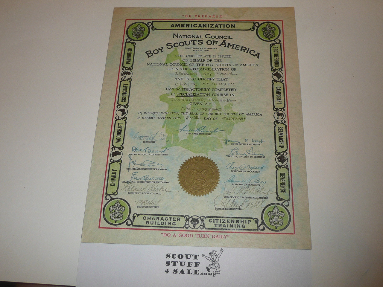 1940's Specialization Course in Commissioner Service Training Certificate, Presented, Camp Josepho
