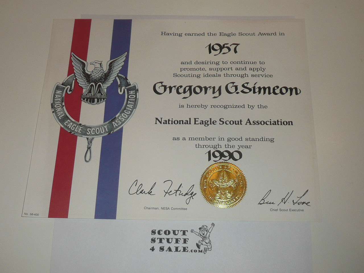 1970's National Eagle Scout Association Member Certificate, presented