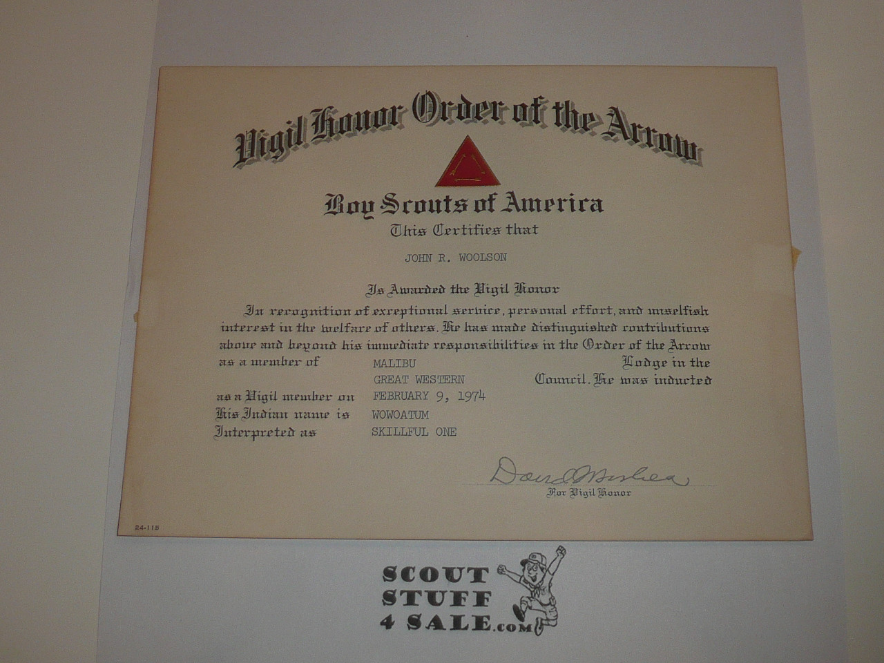 1974 Order of the Arrow Vigil Honor Certificate from Malibu Lodge #566