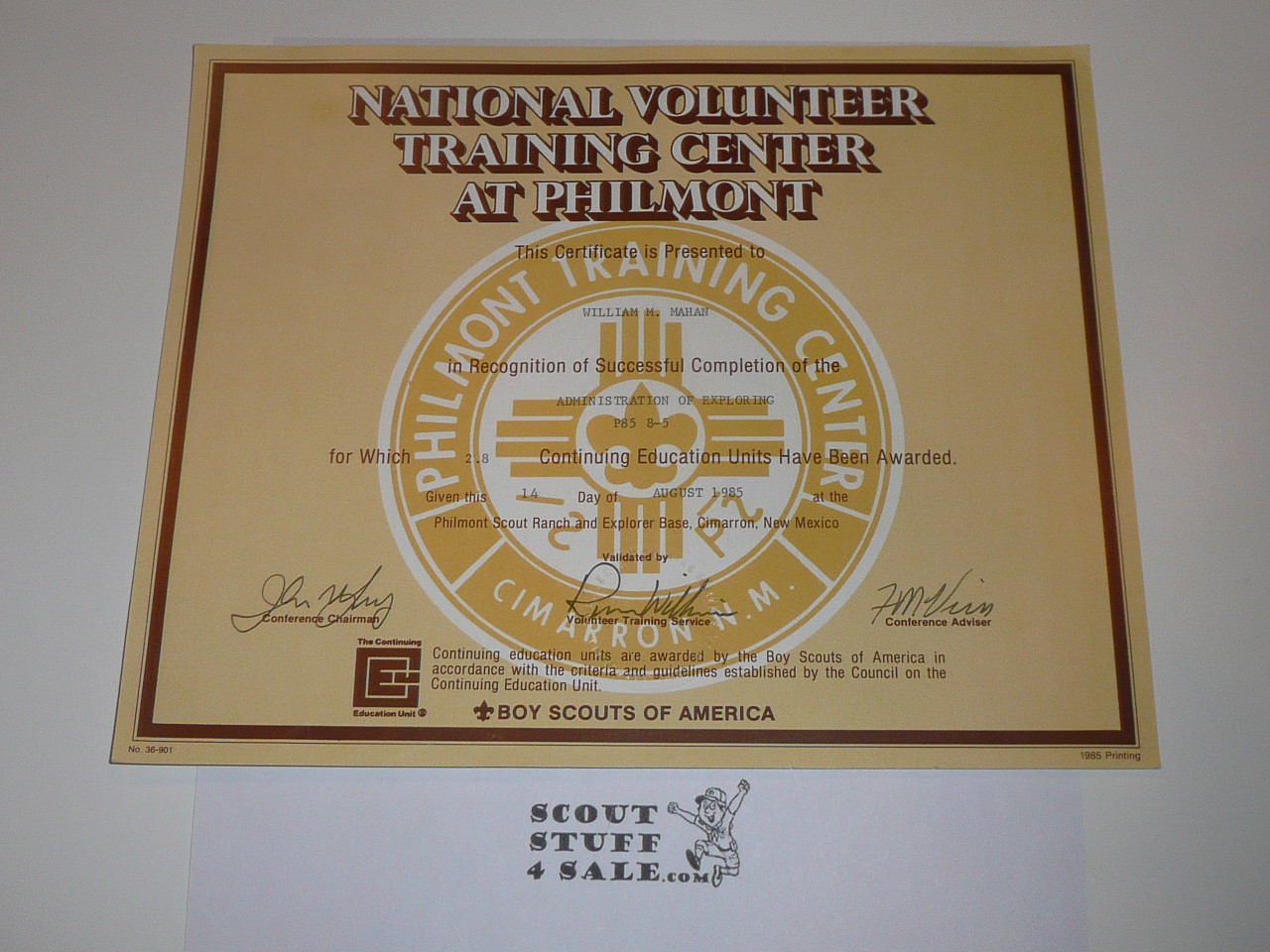 Philmont Scout Ranch, 1985 Training Center Participation Certificate