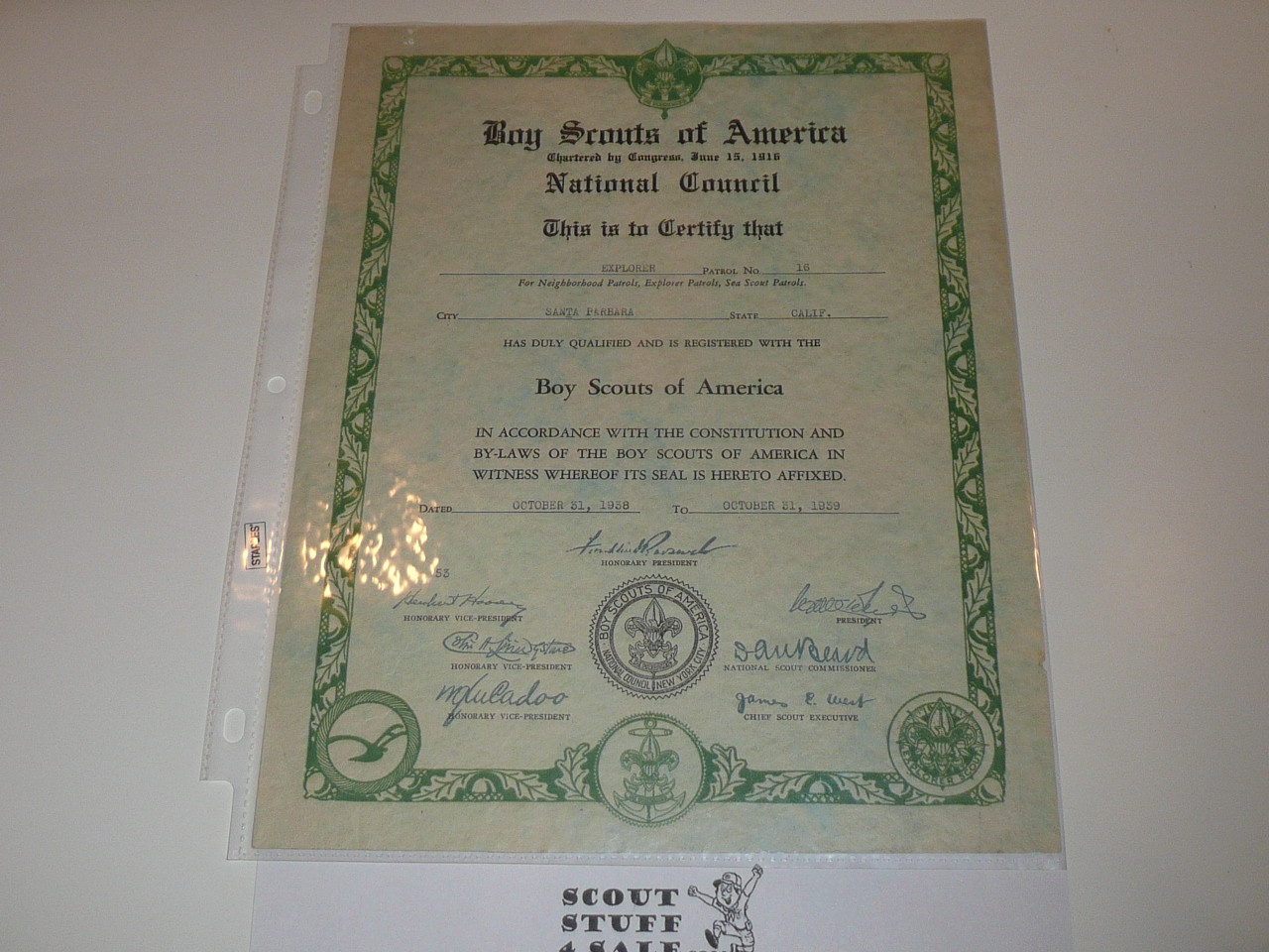 1939 Explorer Scout Patrol Charter, OBSCURE Nationally Issued Certificate