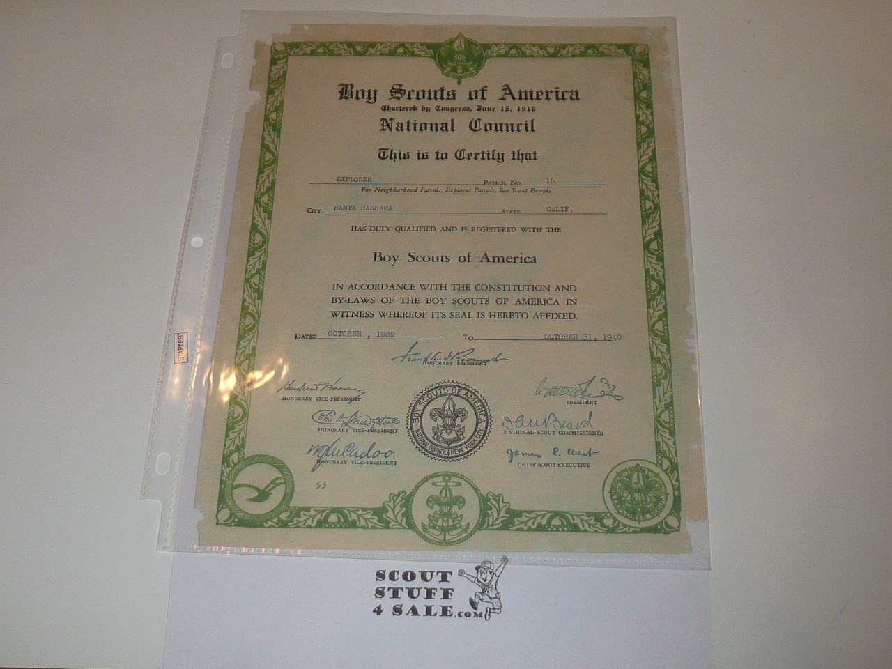 1940 Explorer Scout Patrol Charter, OBSCURE Nationally Issued Certificate