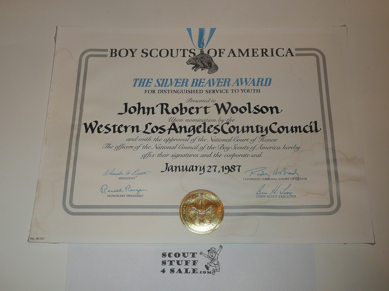 1987 Silver Beaver Award Certificate, Presented