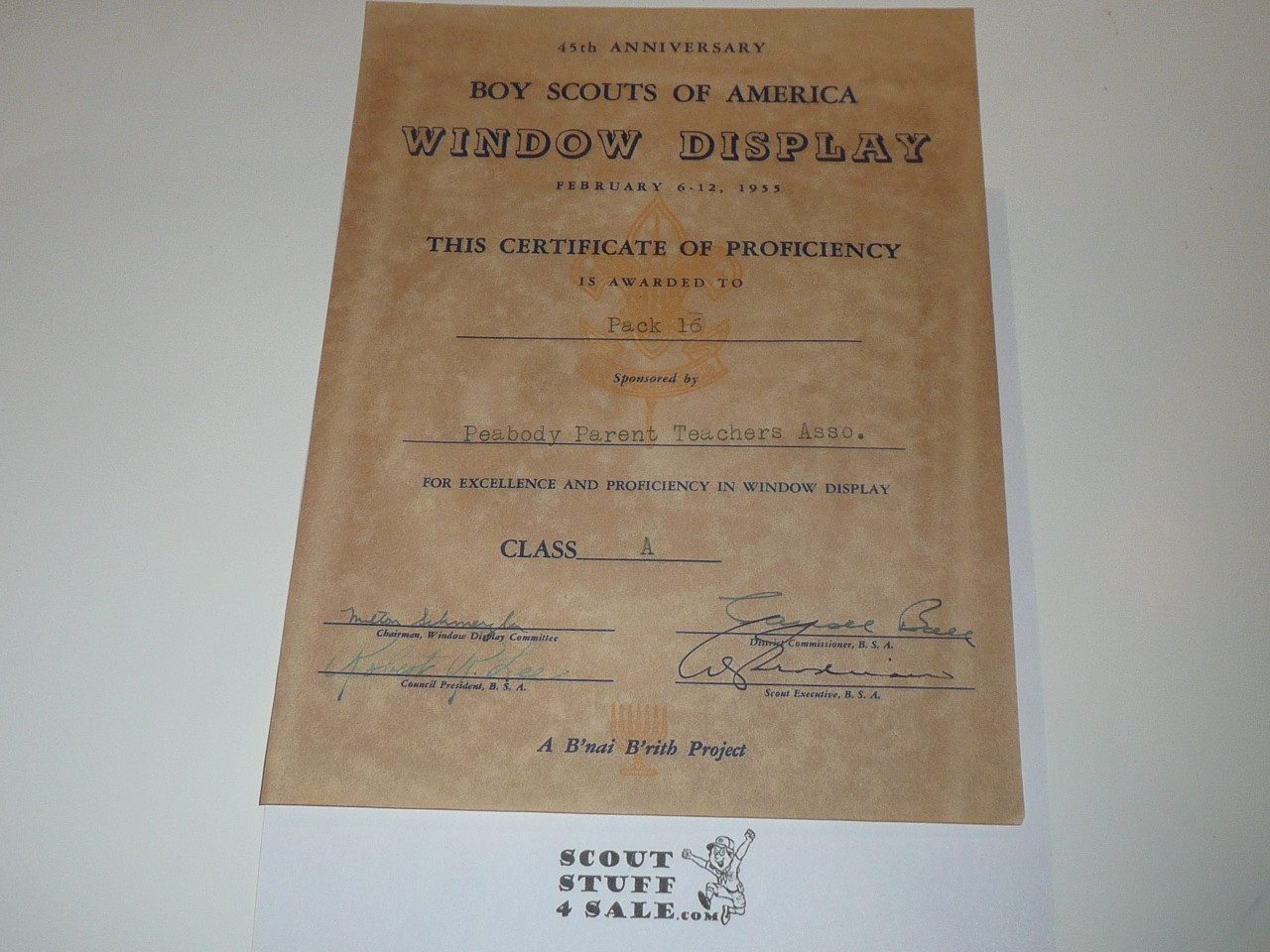 1955 CBAC Anniversary Week Window Display Certificate, presented