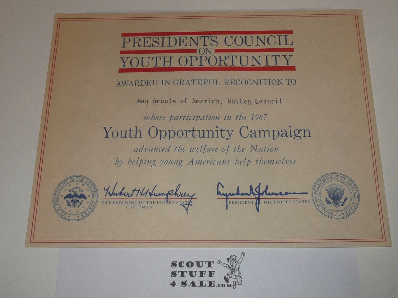 President's Council on Youth Opportunity 1967 Youth Opportunity Campaign Certificate, presented to San Fernando Valley Council