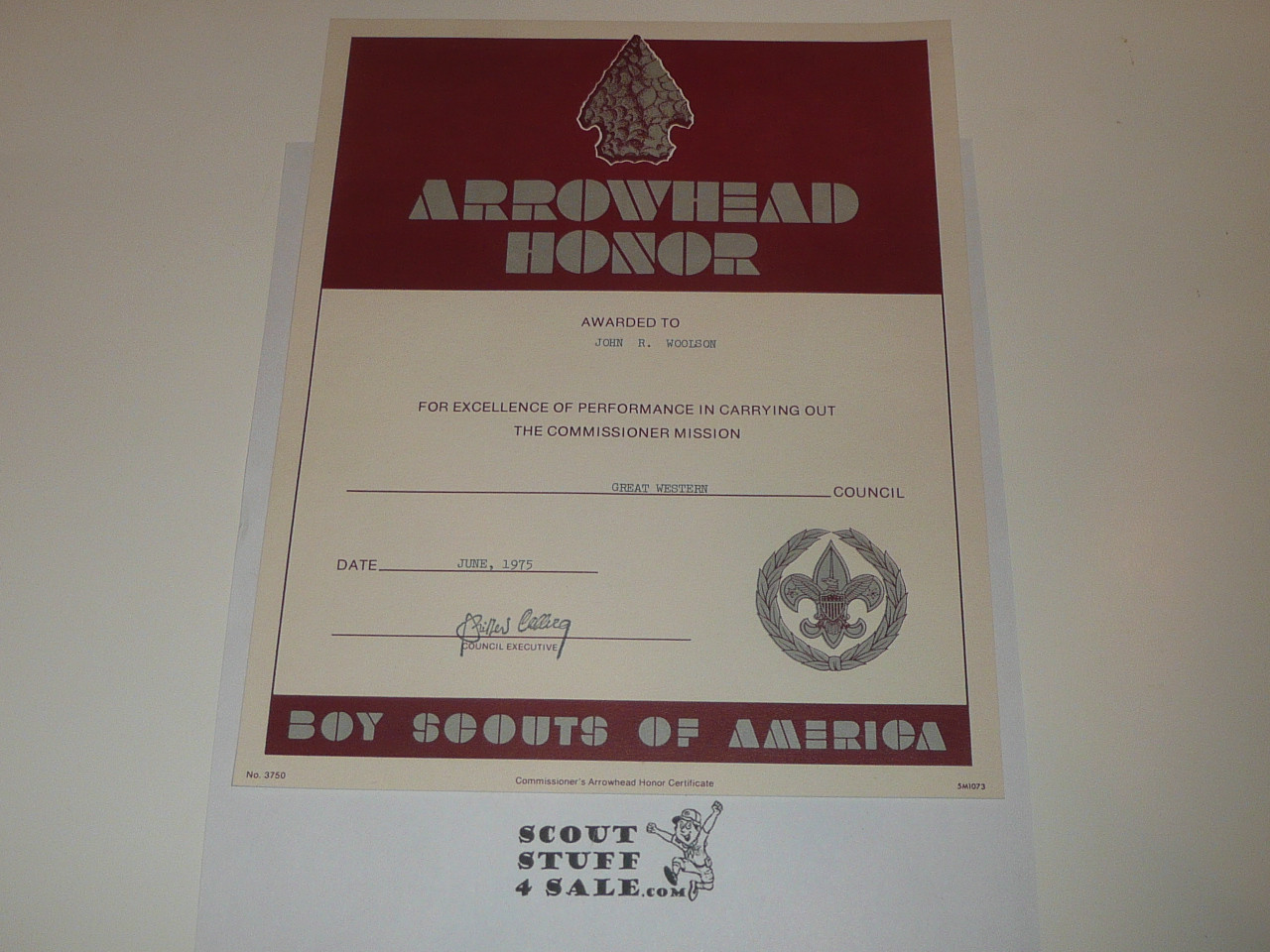 1973 Printing Arrowhead Commissioner Award Training Certificate, presented