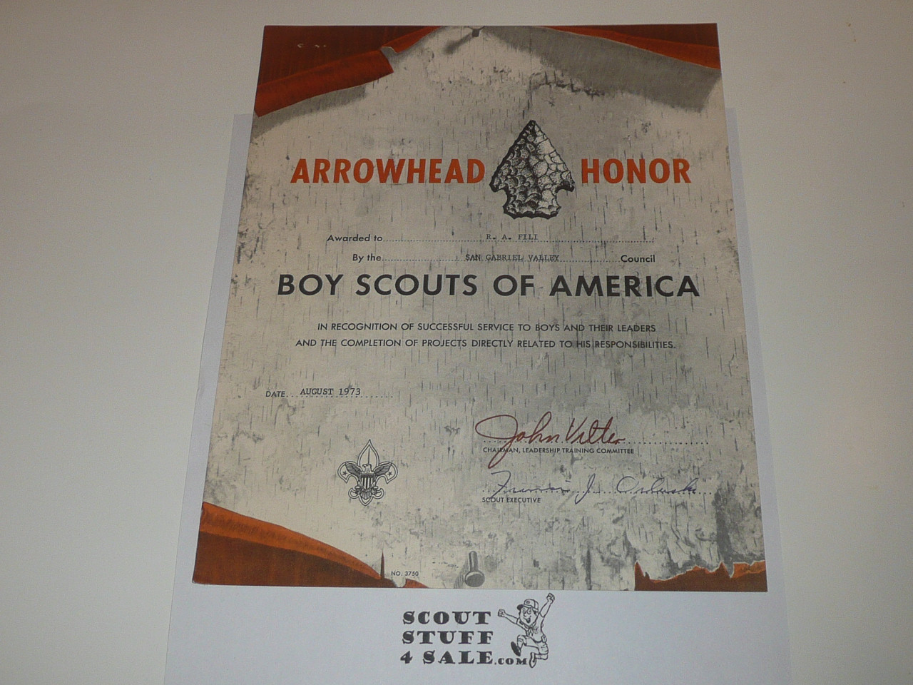 1973 Arrowhead Commissioner Award Training Certificate, presented