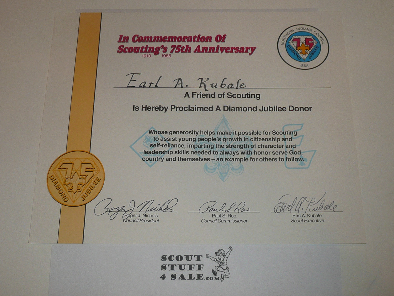 1985 BSA 75th Anniversary Donor Commendation Certificate