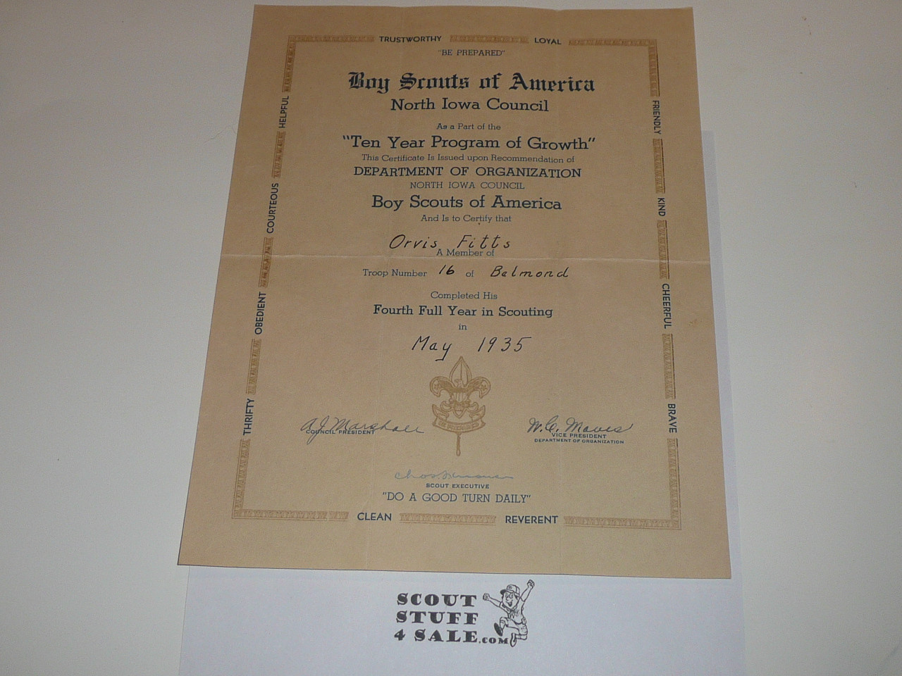 1935 North Iowa Council Ten Year Program of Growth Certificate