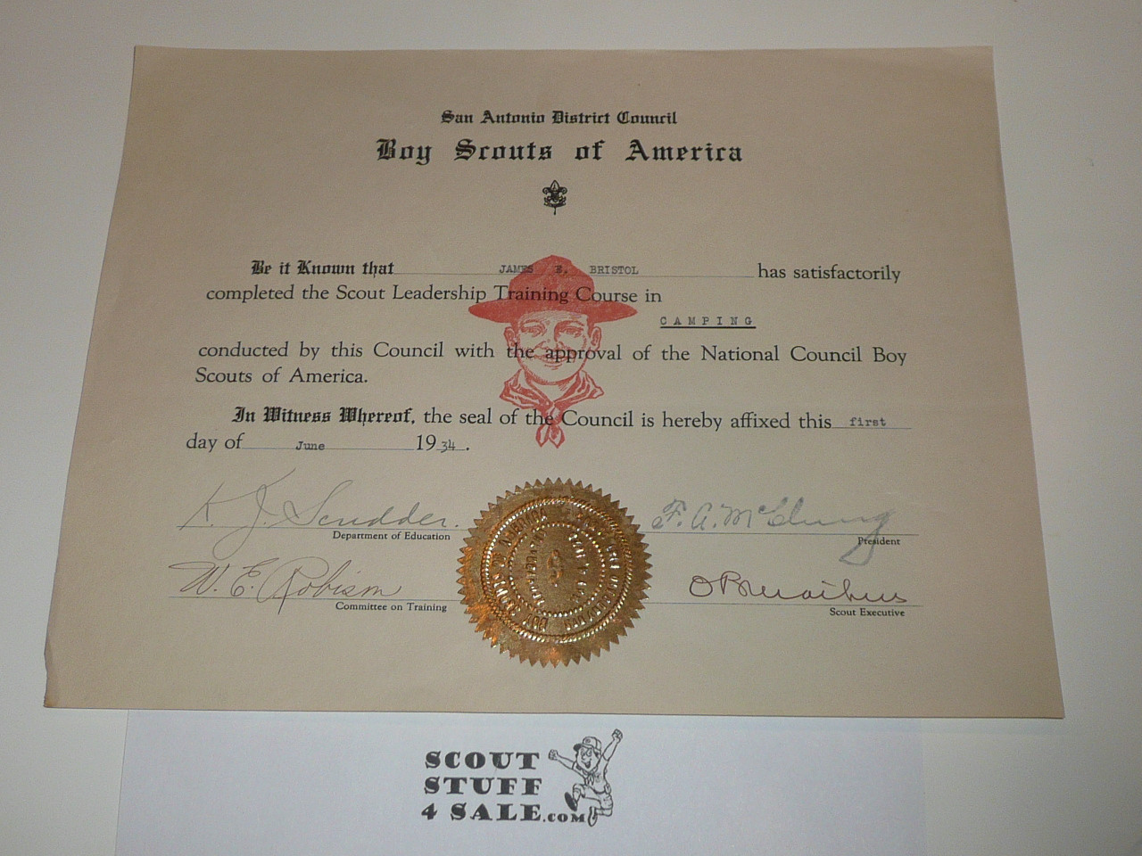 1934 San Antonio District Council Training Certificate