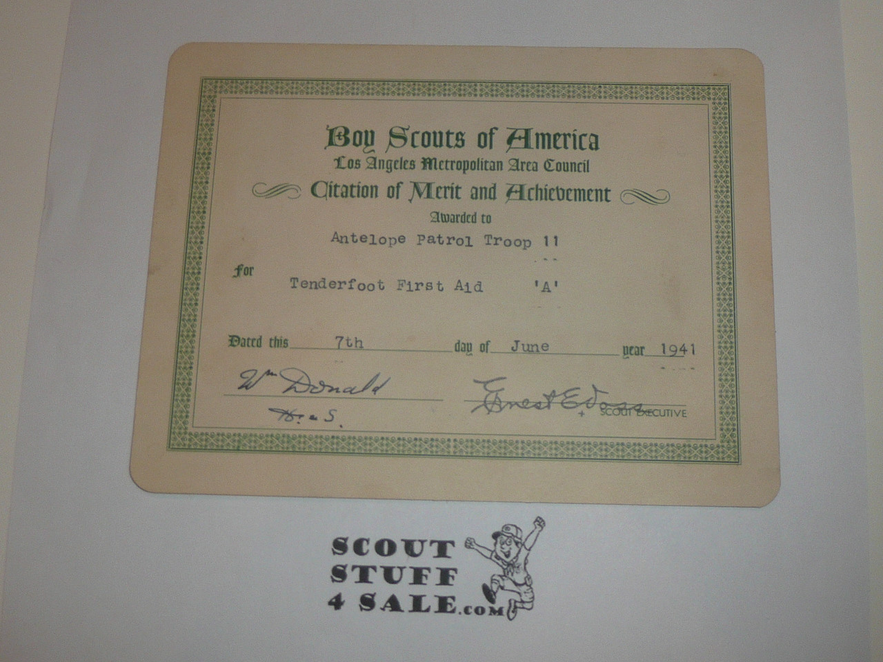 1941 Los Angeles Metropolitan Area Council Citation of Merit and Achievement Certificate