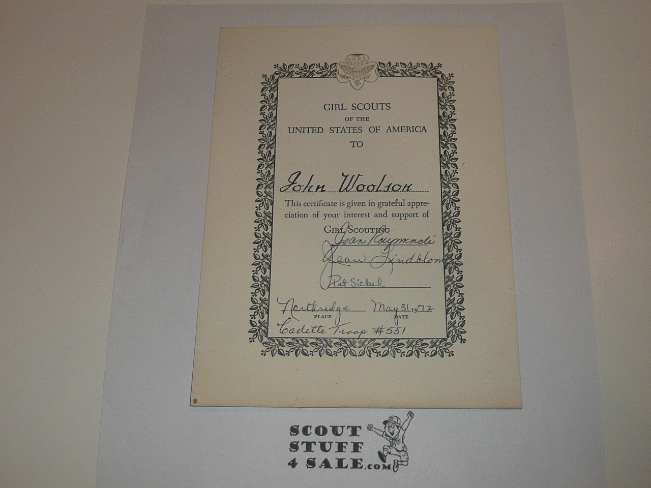 1972 Girl Scout National Issue Recognition Certificate