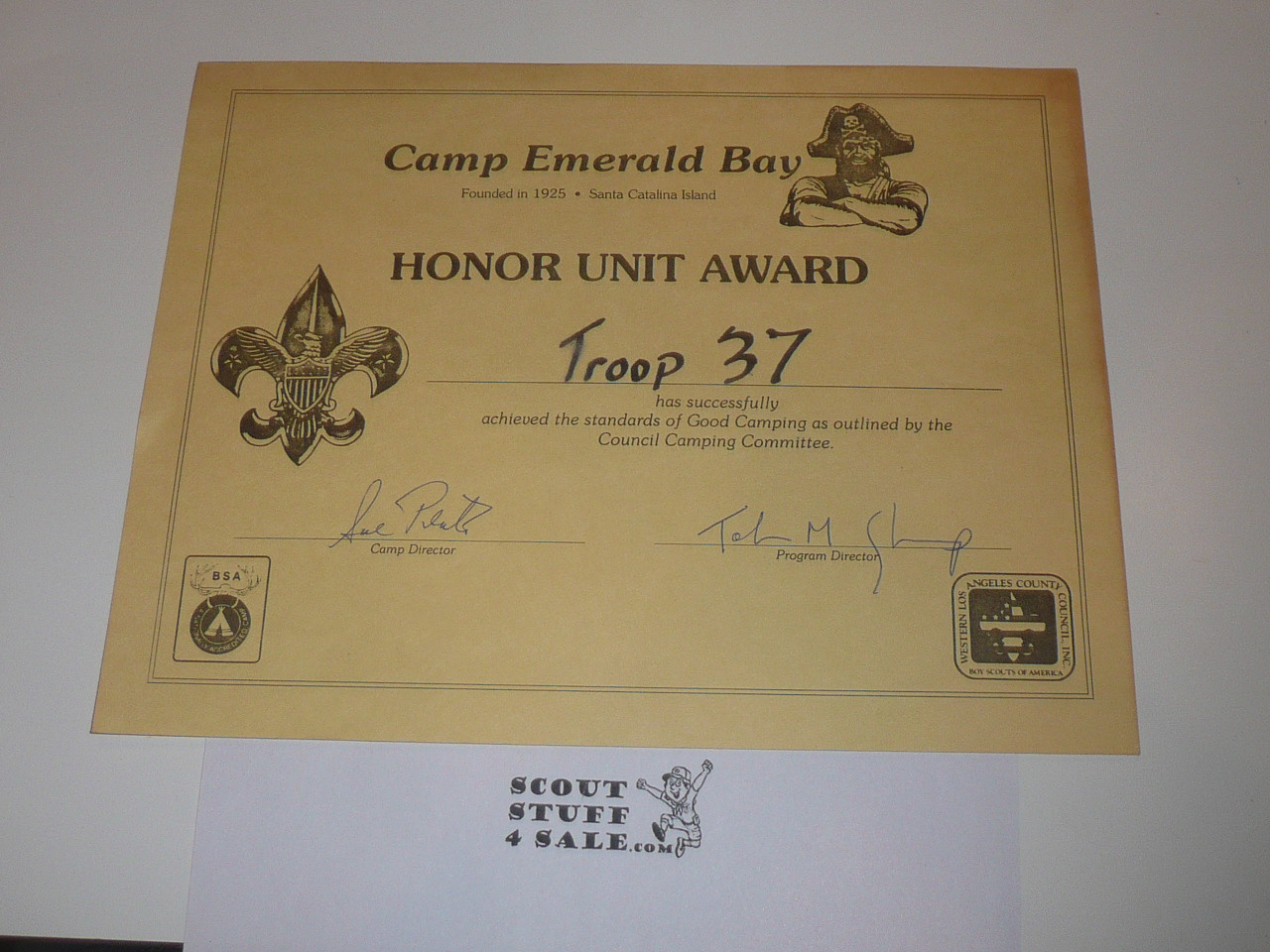 Camp Emerald Bay Honor Unit Award Certificate, Western Los Angeles County Council