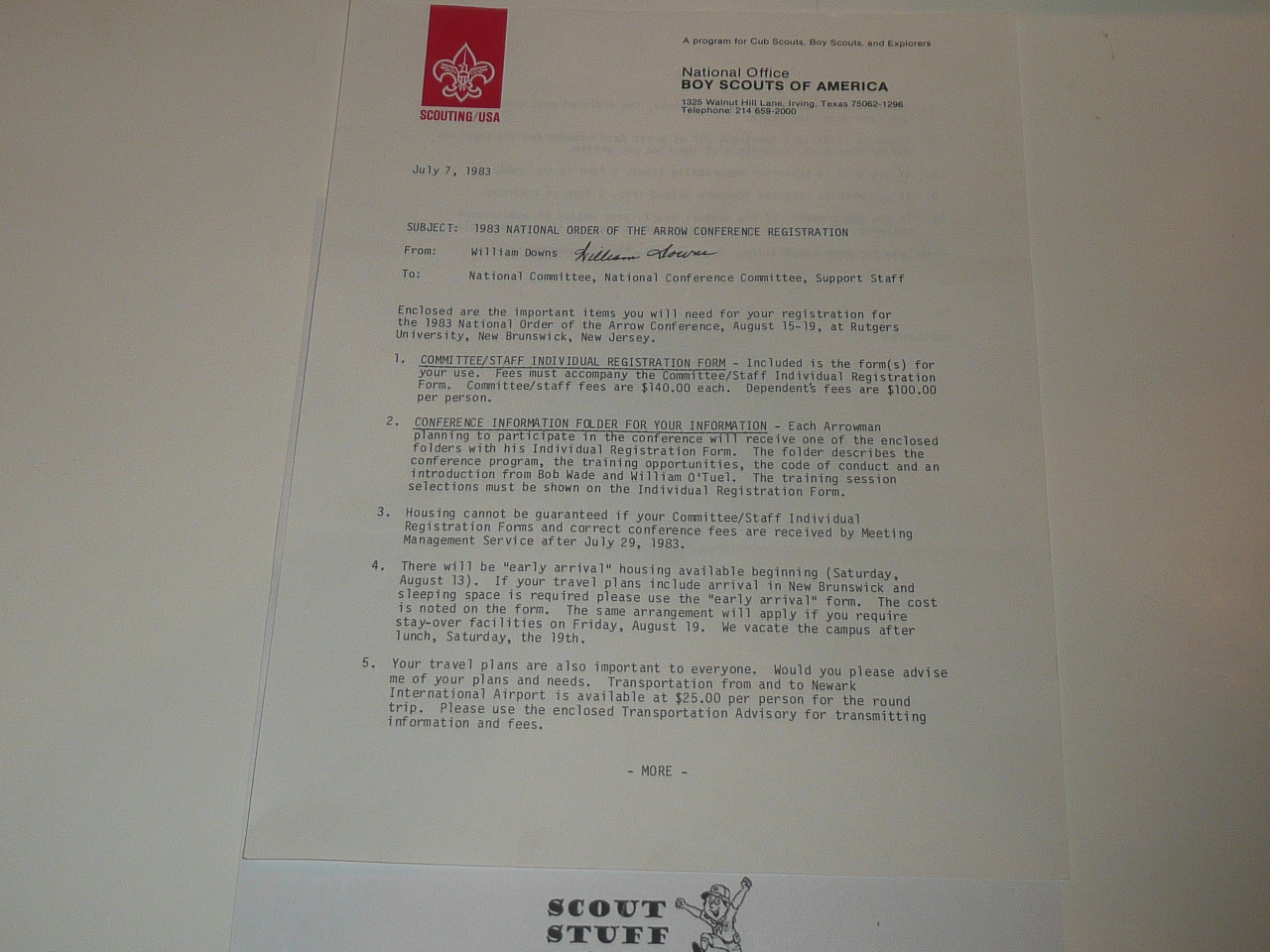 1983 Order of the Arrow National Office Memo to the National OA Committee
