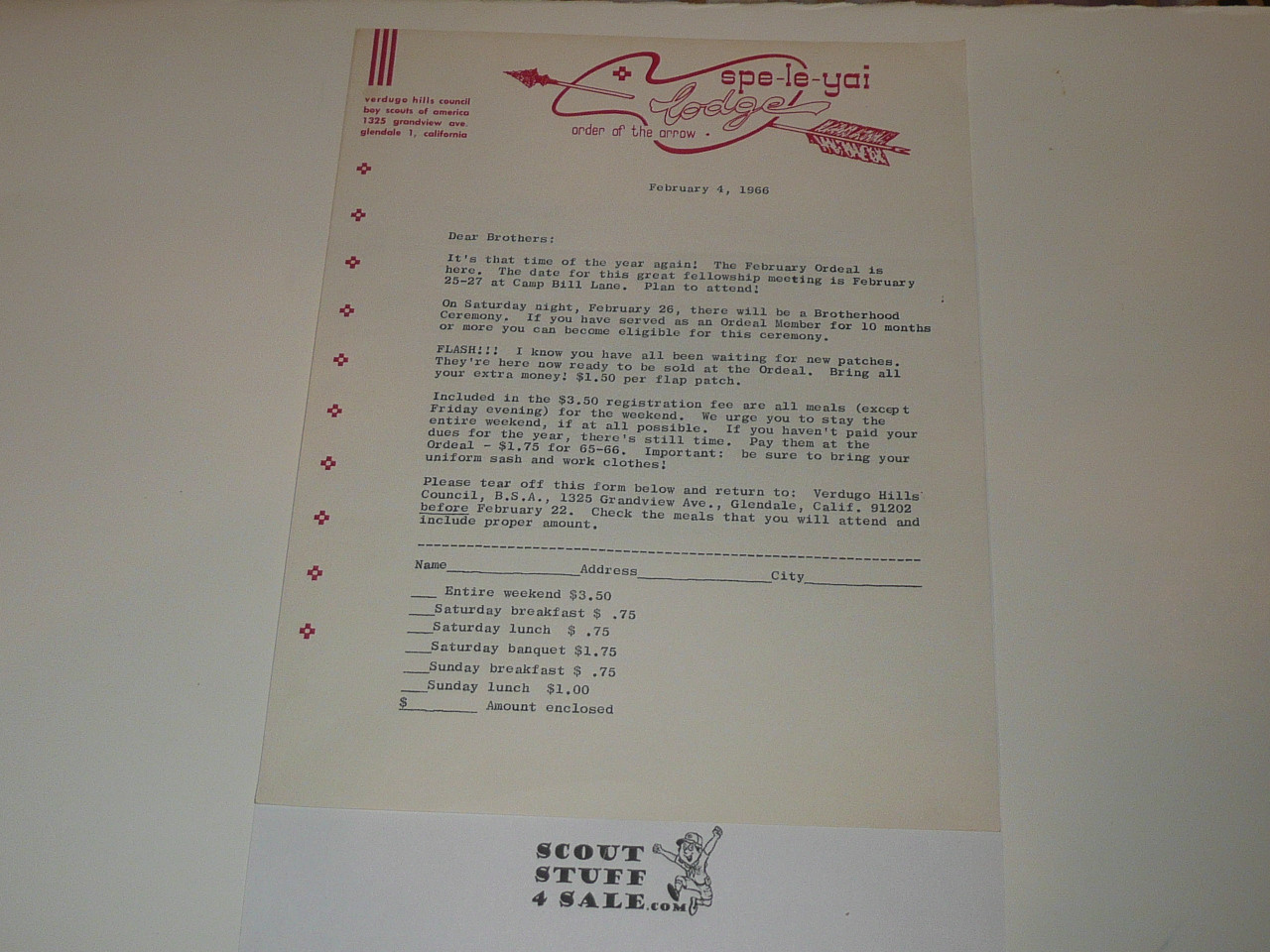 1966 Order of the Arrow Lodge #249 Spe-Le-Yai Ordeal Invitation on Lodge Stationary