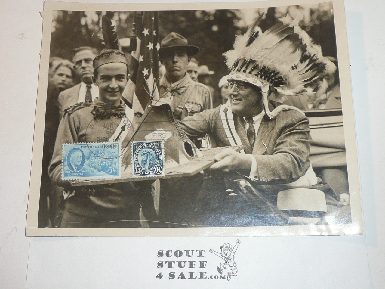 Awesome Orig. Picture of Franklin Roosevelt with A Scout both wearing an OA Sash