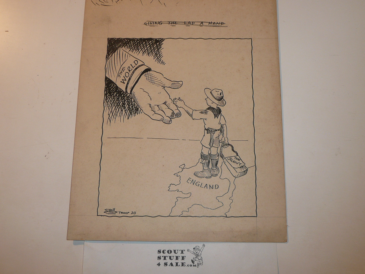 1929 World Jamboree Orig. Drawing by Newton Stall, published Artist, USA Contingent, "Giving the Lad a Hand"  Measures 12" H x 10" W.  Newton was a well known Artist who also served on Staff at the 1937NJ on the Jamboree Journal