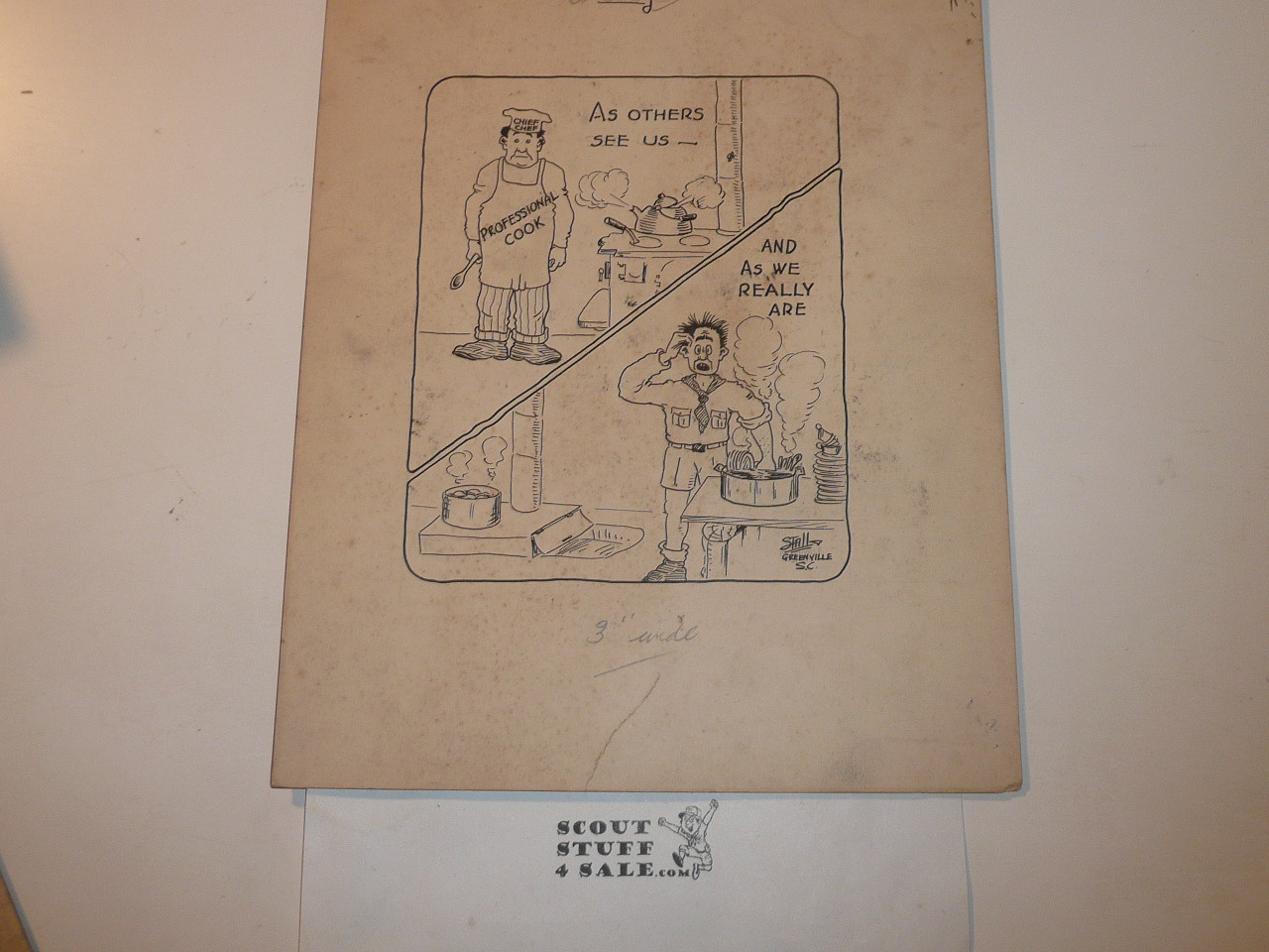 1929 World Jamboree Orig. Drawing by Newton Stall, published Artist, USA Contingent, "American Jamboree Cooking"  Measures 12" H x 10" W.  Newton was a well known Artist who also served on Staff at the 1937NJ on the Jamboree Journal