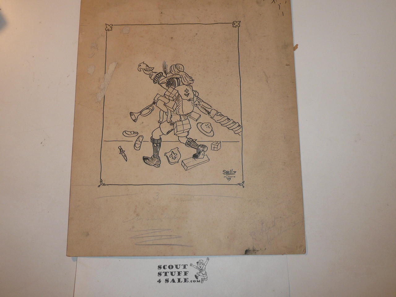 1929 World Jamboree Orig. Drawing by Newton Stall, published Artist, USA Contingent, UNTITLED  Measures 12" H x 10" W.  Newton was a well known Artist who also served on Staff at the 1937NJ on the Jamboree Journal