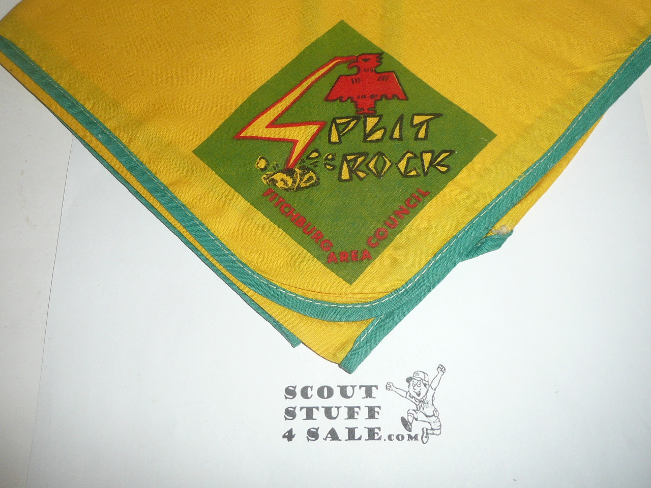 Camp Split Rock Neckerchief, Nashua Valley Council, yellow with green piping