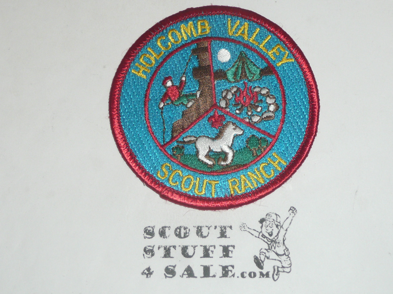 Holcomb Valley Scout Ranch Patch, Old Baldy Council, red bdr, yellow letters